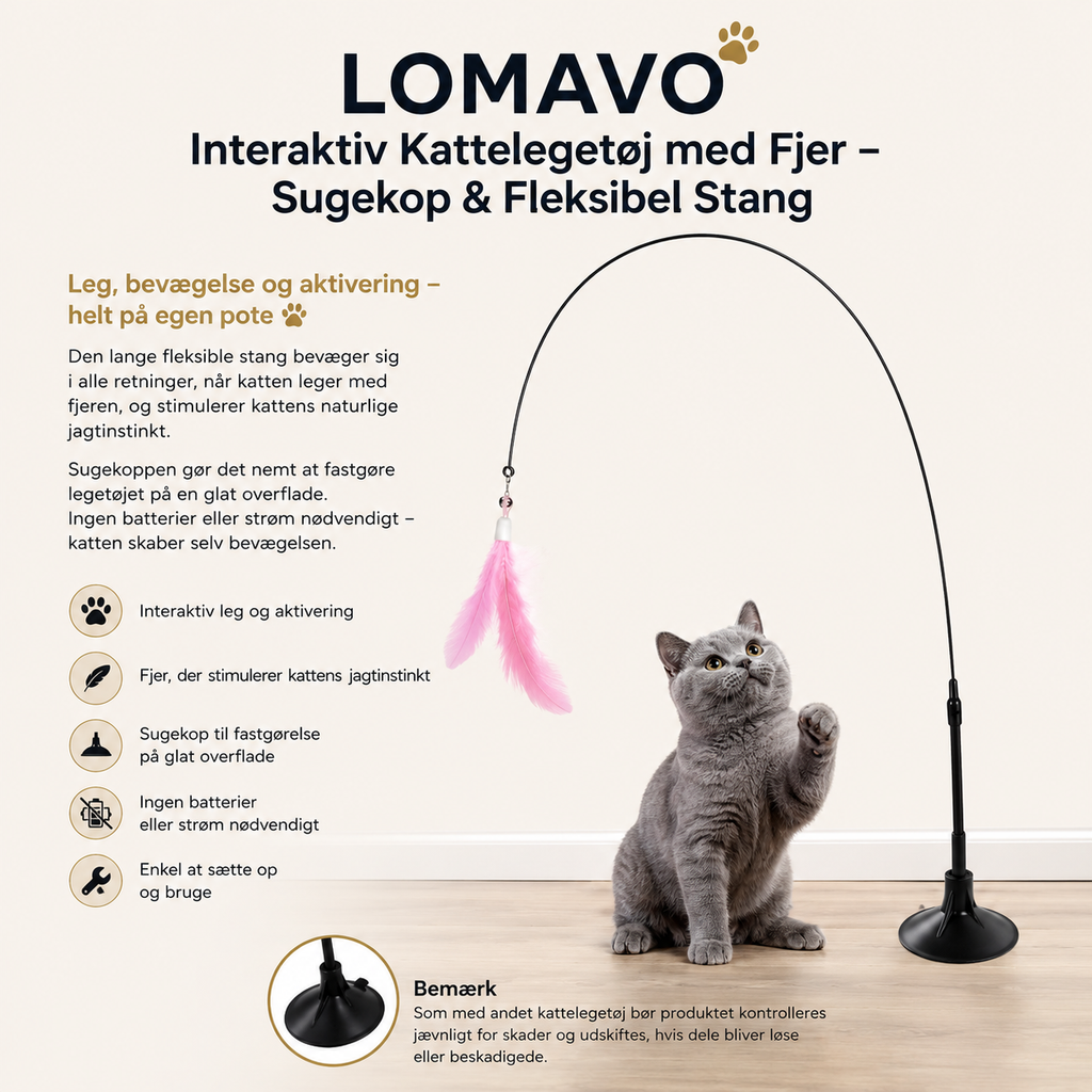 LOMAVO Interaktiv Kattelegetøj med Fjer – Sugekop & Fleksibel Stang